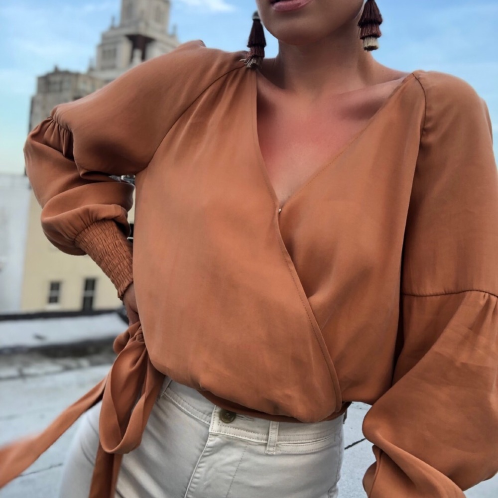 Anna Rust Puff Sleeve Wrap Top - Picture 3 of 8